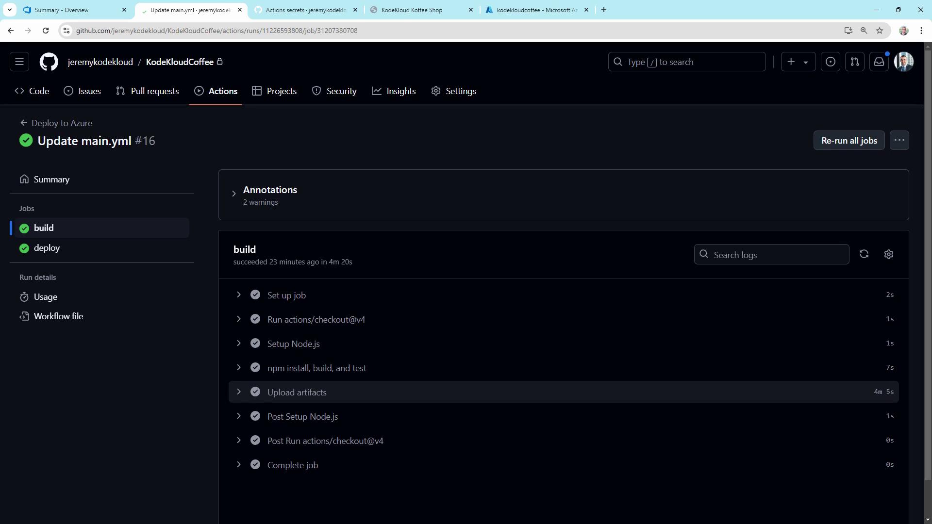 The image shows a GitHub Actions workflow page for a project named "KodeKloudCoffee," displaying the successful completion of a build job with detailed steps and logs.