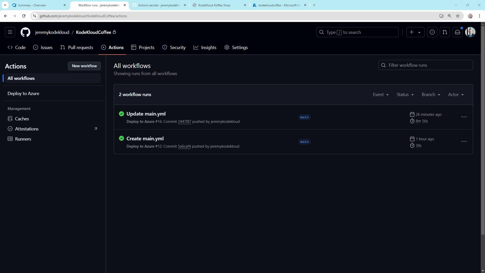 The image shows a GitHub Actions page with two workflow runs, "Update main.yml" and "Create main.yml," both successfully completed.
