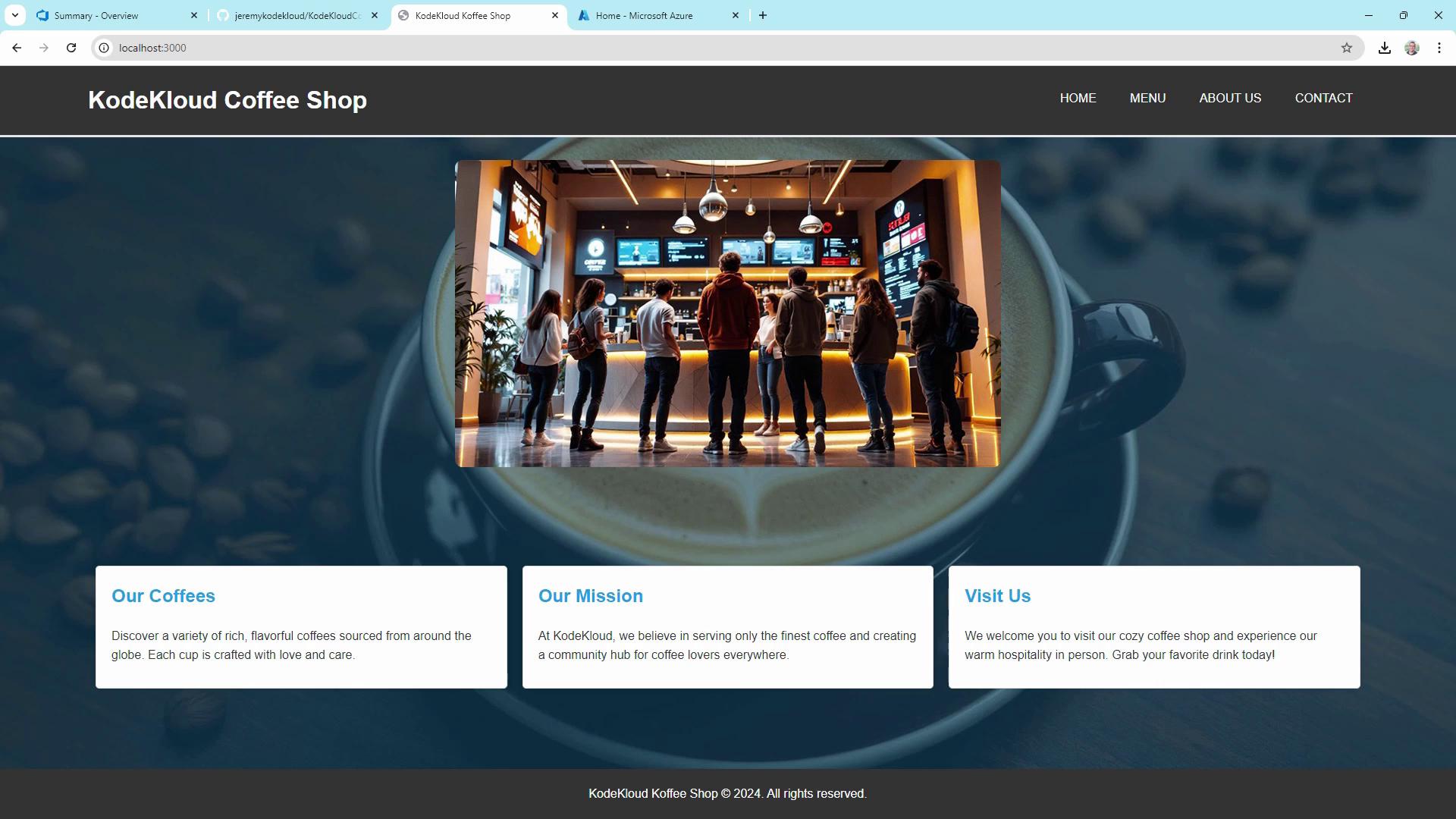 The image shows a webpage for "KodeKloud Coffee Shop" with a photo of people standing at a coffee shop counter. It includes sections about their coffees, mission, and an invitation to visit.