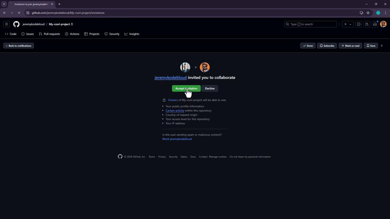 The image shows a GitHub invitation page where a user is invited to collaborate on a project called "My-cool-project," with options to accept or decline the invitation.