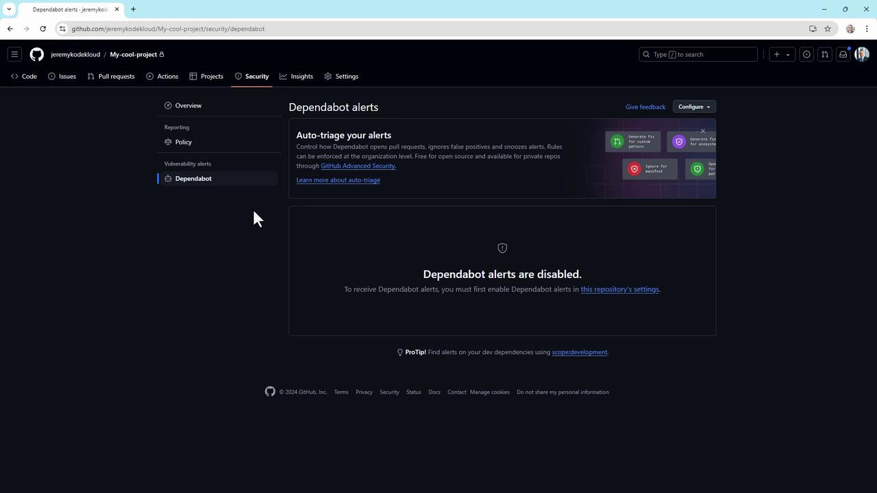 The image shows a GitHub repository page with Dependabot alerts disabled, indicating that alerts need to be enabled in the repository's settings.