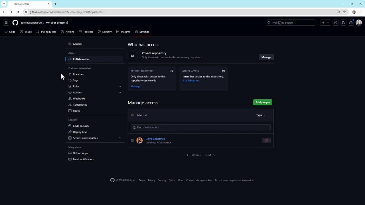 The image shows a GitHub repository settings page, specifically the "Manage access" section, where collaborators can be added or managed for a private repository.