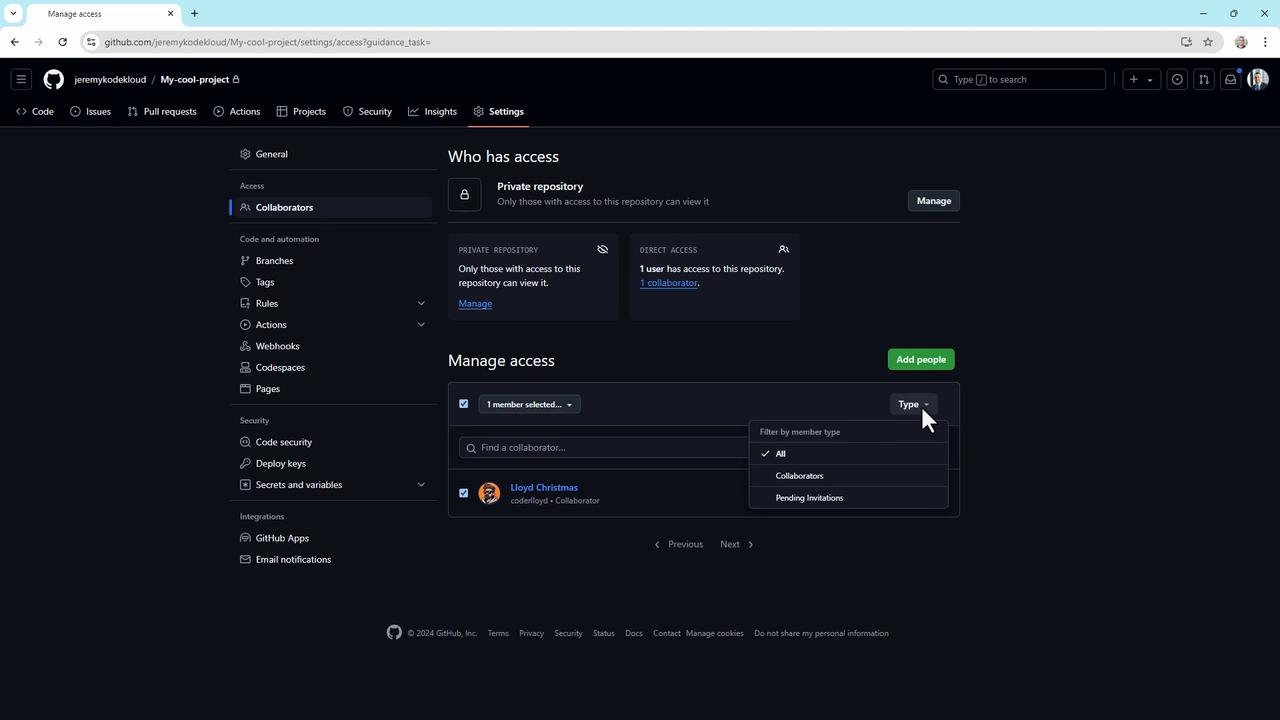 The image shows a GitHub repository settings page, specifically the "Manage access" section, where user permissions for a private repository are being managed.