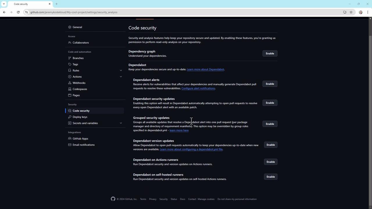 The image shows a GitHub repository settings page focused on "Code security," with options to enable features like Dependabot alerts and security updates. The interface is dark-themed, with a sidebar for navigation.