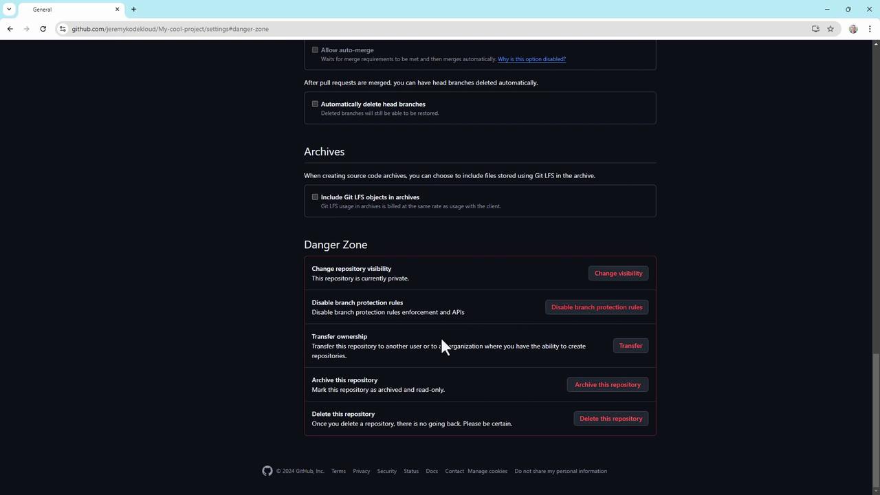 The image shows a GitHub repository settings page, specifically the "Danger Zone" section, which includes options for changing repository visibility, disabling branch protection rules, transferring ownership, archiving, and deleting the repository.