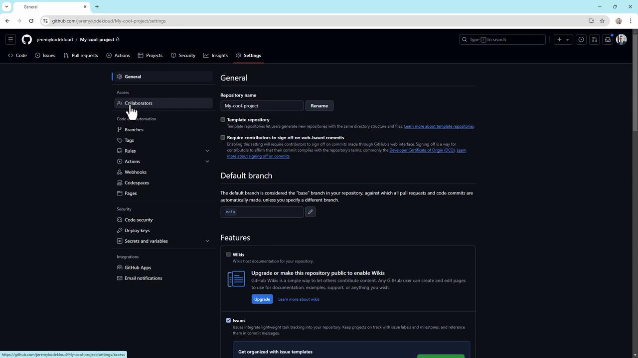 The image shows the settings page of a GitHub repository named "My-cool-project," with options for managing collaborators, branches, and other repository features. The interface is in dark mode, and a cursor is hovering over the "Collaborators" section.