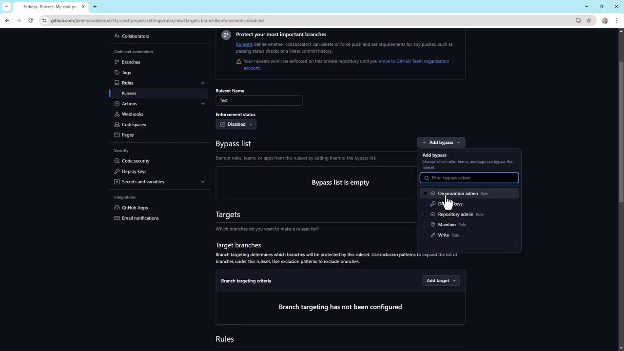 The image shows a GitHub settings page for a project, specifically focusing on configuring rulesets for branch protection. It includes options for setting a ruleset name, enforcement status, bypass list, and target branches.