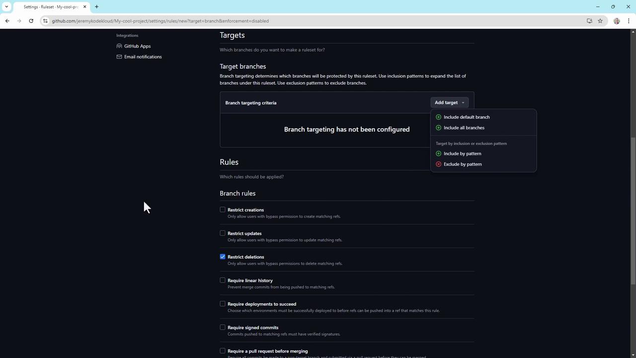 The image shows a GitHub settings page for configuring branch rules, including options for targeting branches and setting rules like restricting deletions.