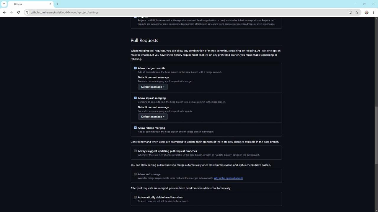 The image shows a GitHub settings page for managing pull requests, including options for merge commits, squash merging, and rebase merging. It also includes settings for updating branches and automatically deleting head branches after merging.