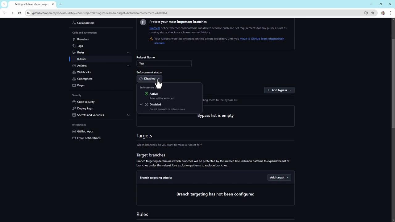 The image shows a GitHub settings page for configuring rulesets, with options for enforcement status and branch targeting. The enforcement status is set to "Disabled," and no branch targeting criteria have been configured.