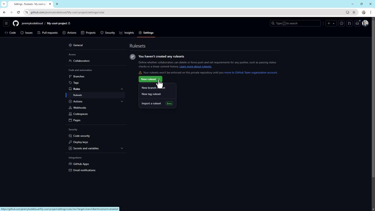 The image shows a GitHub settings page for a project, specifically the "Rulesets" section, where a user is about to create a new ruleset.