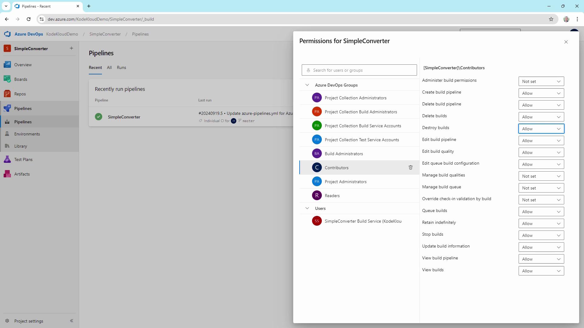 The image shows an Azure DevOps interface with a "Pipelines" section and a permissions window for "SimpleConverter," detailing various user group permissions for build-related actions.