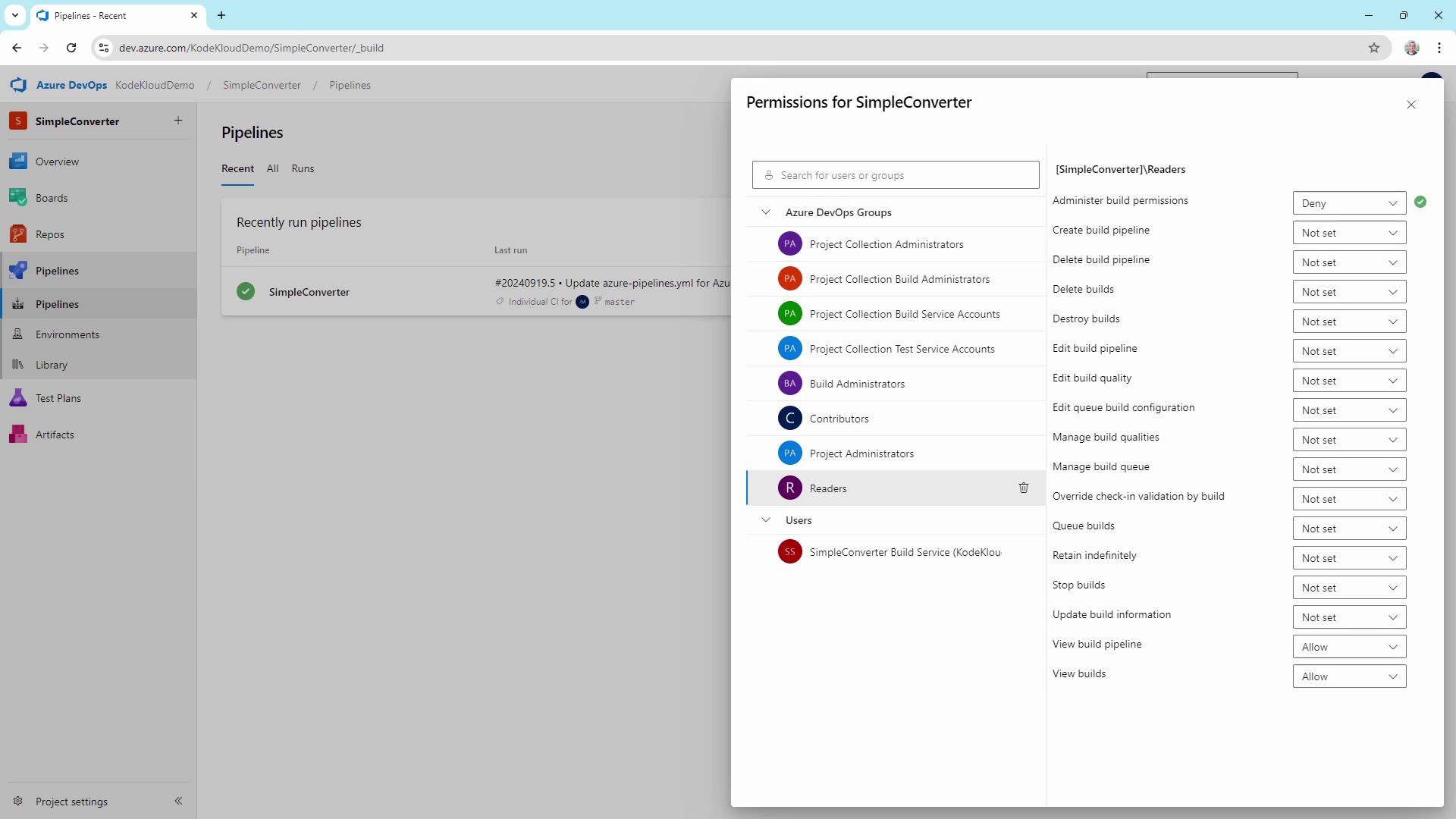 The image shows an Azure DevOps interface with a "Pipelines" section and a permissions window for "SimpleConverter," detailing various user group permissions.