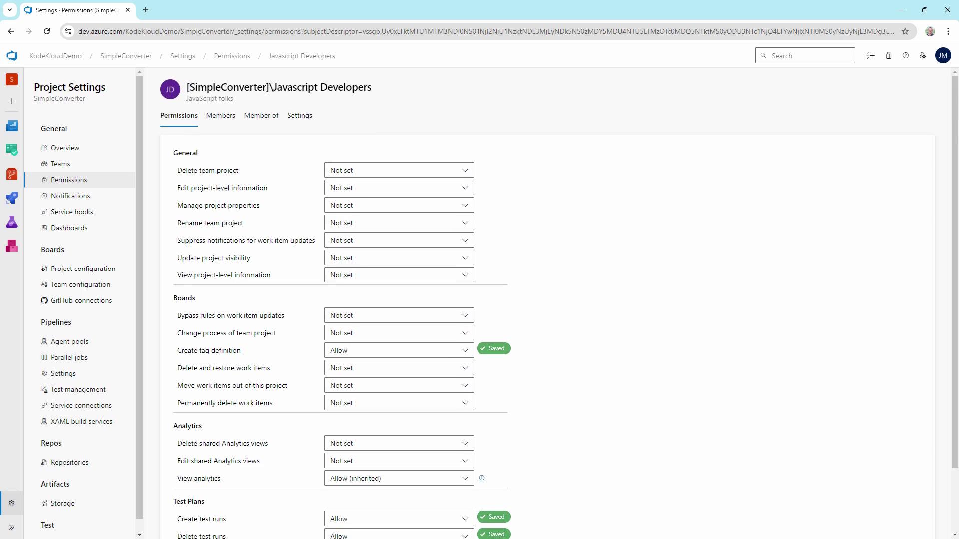 The image shows a project settings page in Azure DevOps, displaying permissions for a group called "Javascript Developers" with various options set to "Not set" or "Allow."