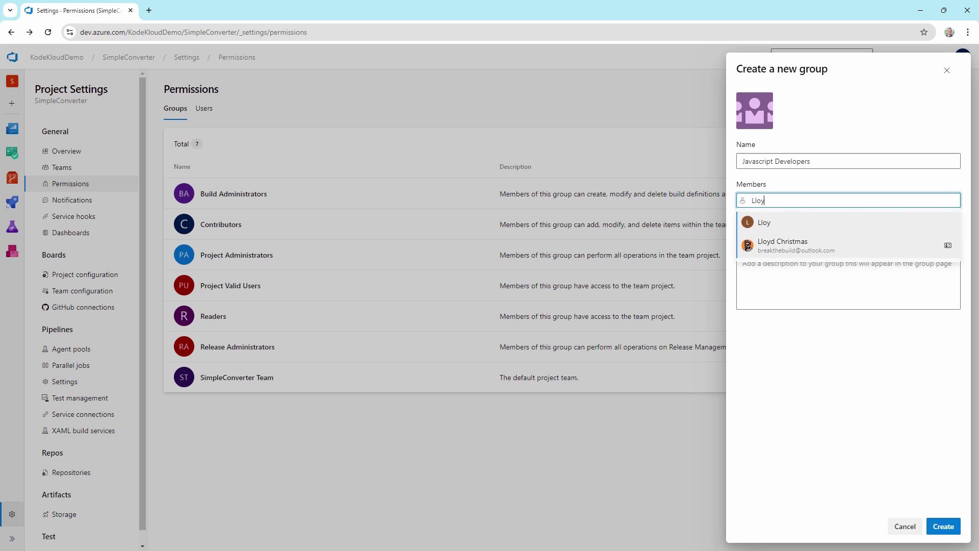 The image shows a project settings page in Azure DevOps, displaying a list of permission groups and a pop-up window for creating a new group named "Javascript Developers."