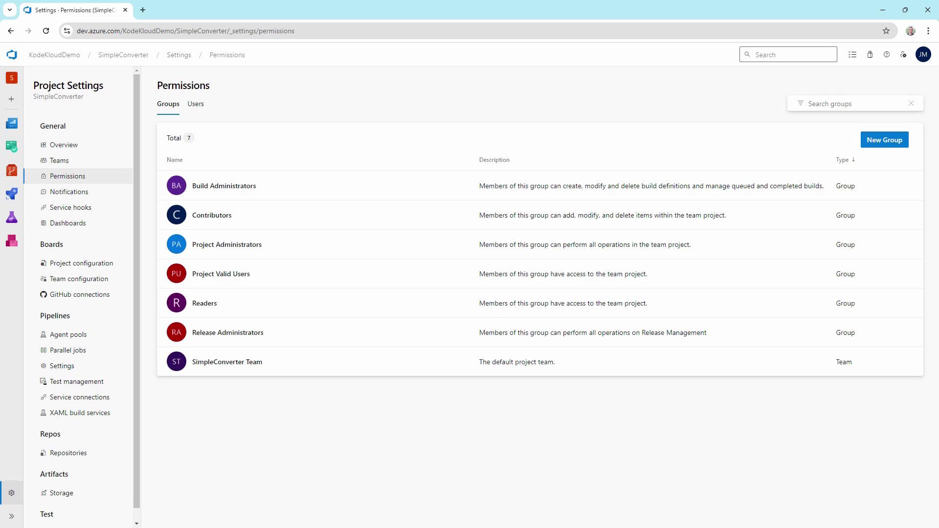 The image shows a project settings page from Azure DevOps, displaying a list of user groups and their permissions within a project called "SimpleConverter." Each group has a description of its permissions, such as managing builds or accessing the team project.