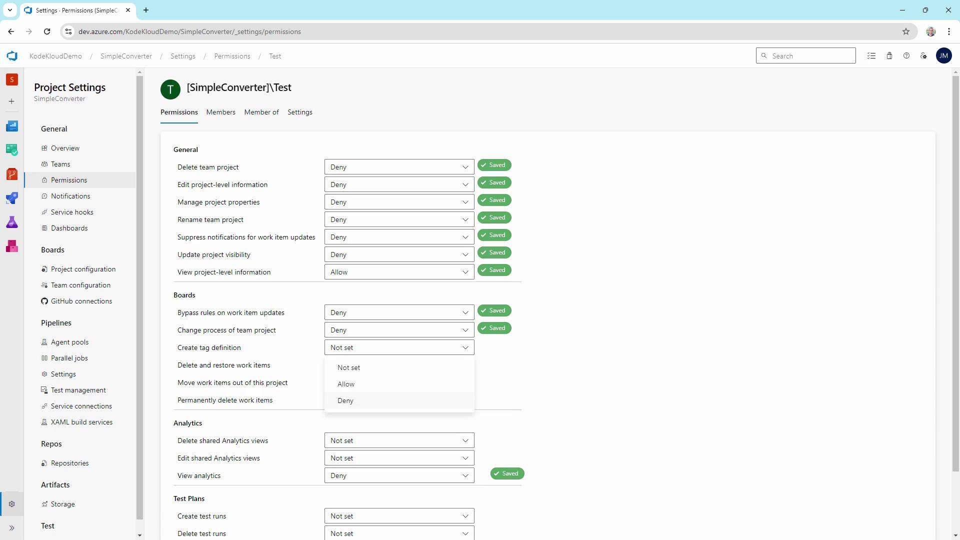 The image shows a project settings page in Azure DevOps, displaying various permission settings for a project named "SimpleConverter." The settings include options to allow or deny actions like deleting the project, editing information, and managing properties.