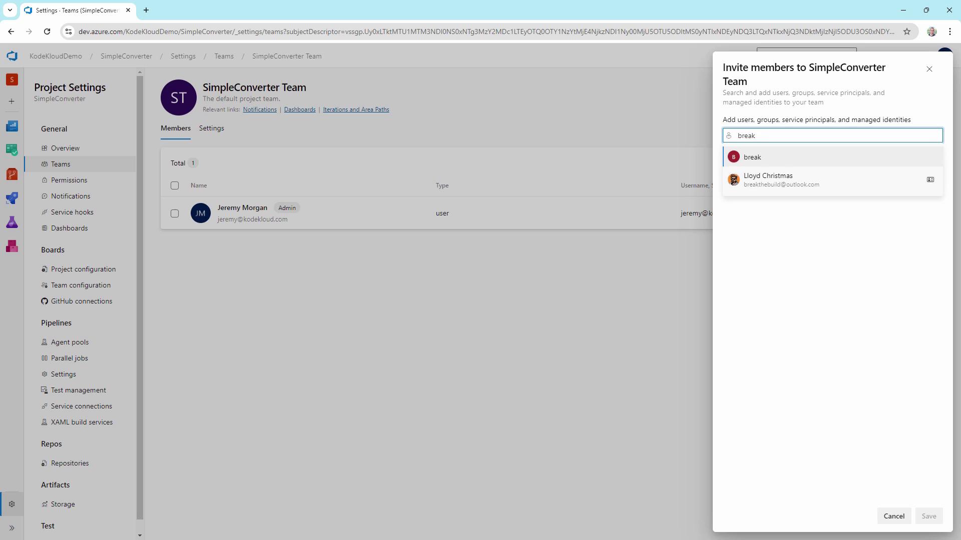The image shows a project settings page for a team in Azure DevOps, with a sidebar menu and a pop-up window for inviting members to the team.