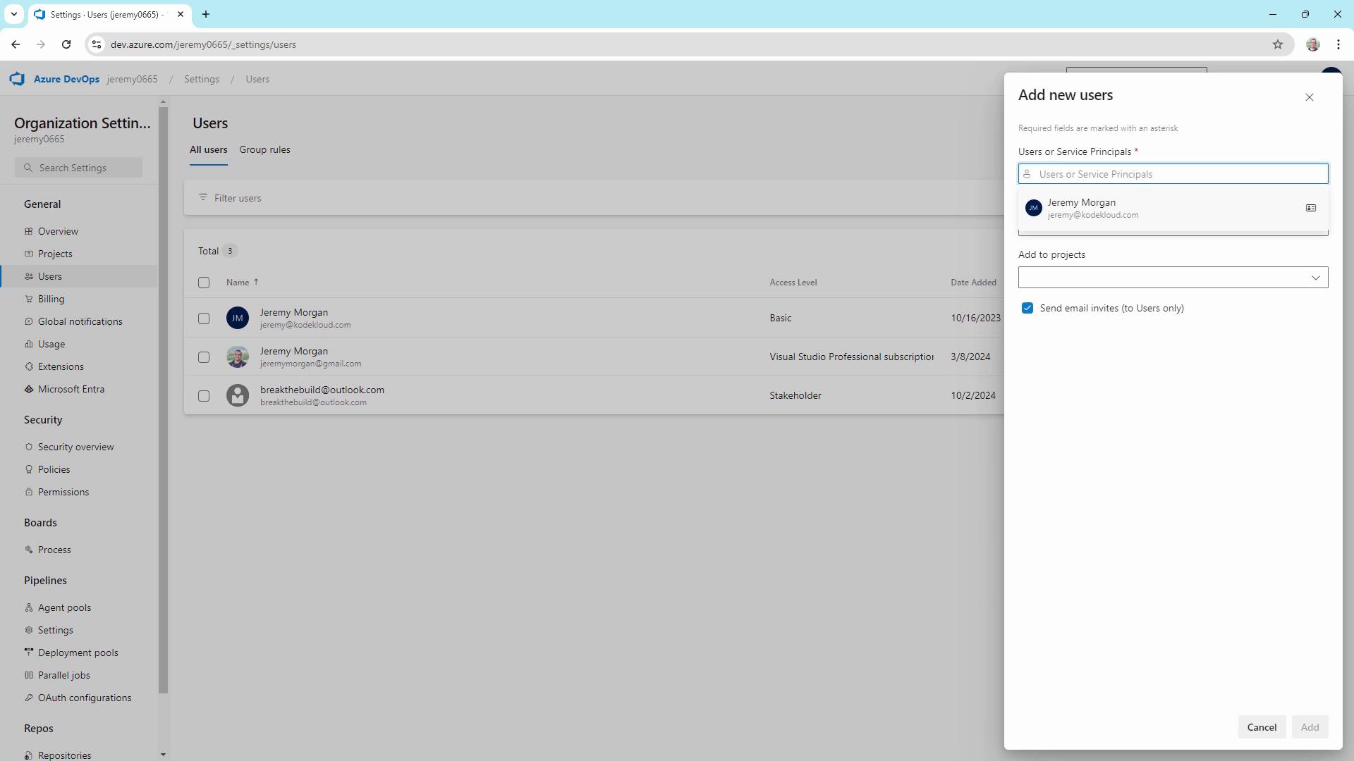 The image shows a user management interface in Azure DevOps, displaying a list of users with their access levels and an "Add new users" panel on the right.