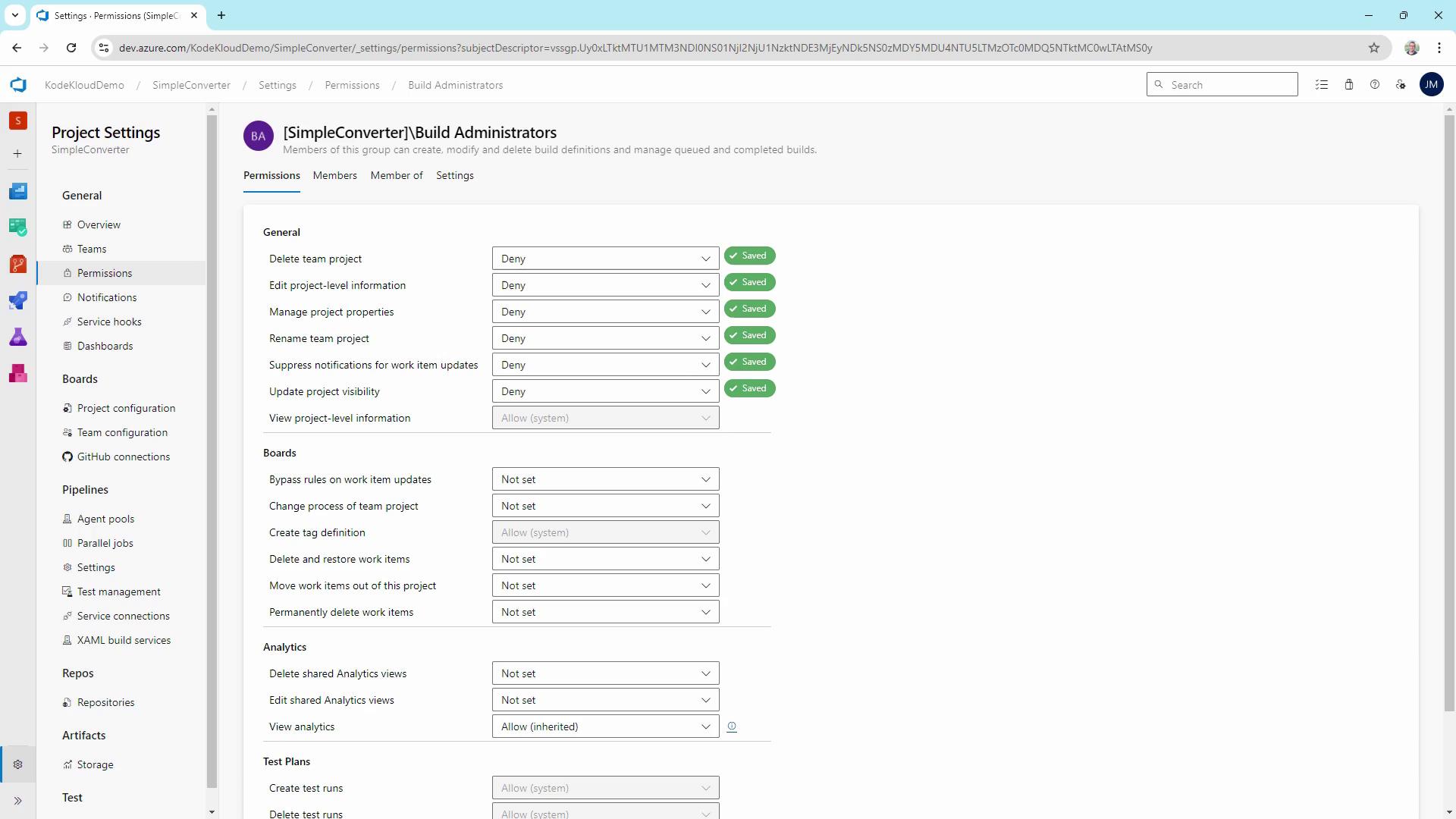 The image shows a project settings page for "SimpleConverter" on Azure DevOps, displaying permissions for build administrators with various options set to "Deny" or "Not set."