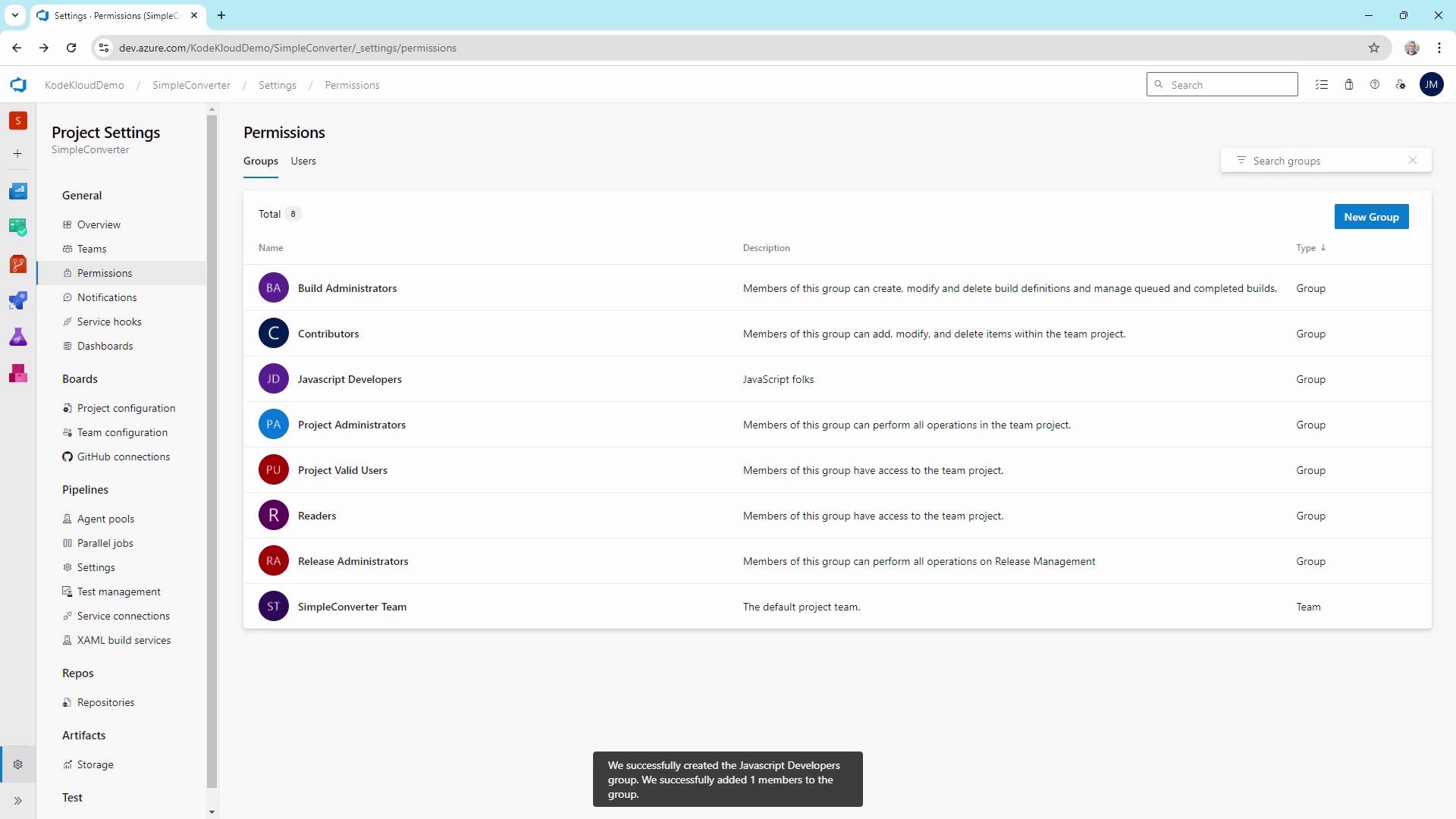 The image shows a project settings page for "SimpleConverter" on Azure DevOps, displaying a list of user groups and their permissions. Each group has a description of its access level and role within the project.