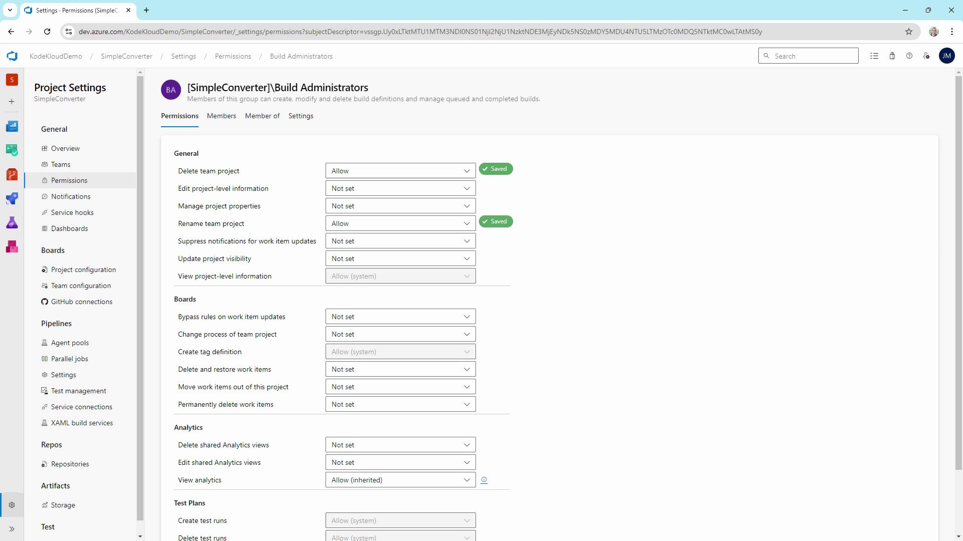The image shows a project settings page for "SimpleConverter" on Azure DevOps, displaying permissions for build administrators with various options set to "Allow" or "Not set."