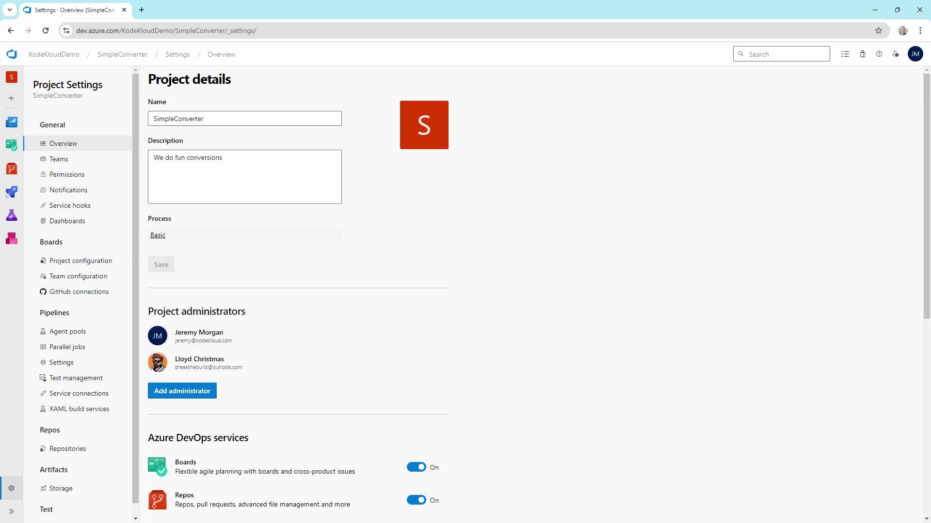 The image shows the project settings page for "SimpleConverter" on Azure DevOps, displaying project details, administrators, and Azure DevOps services.