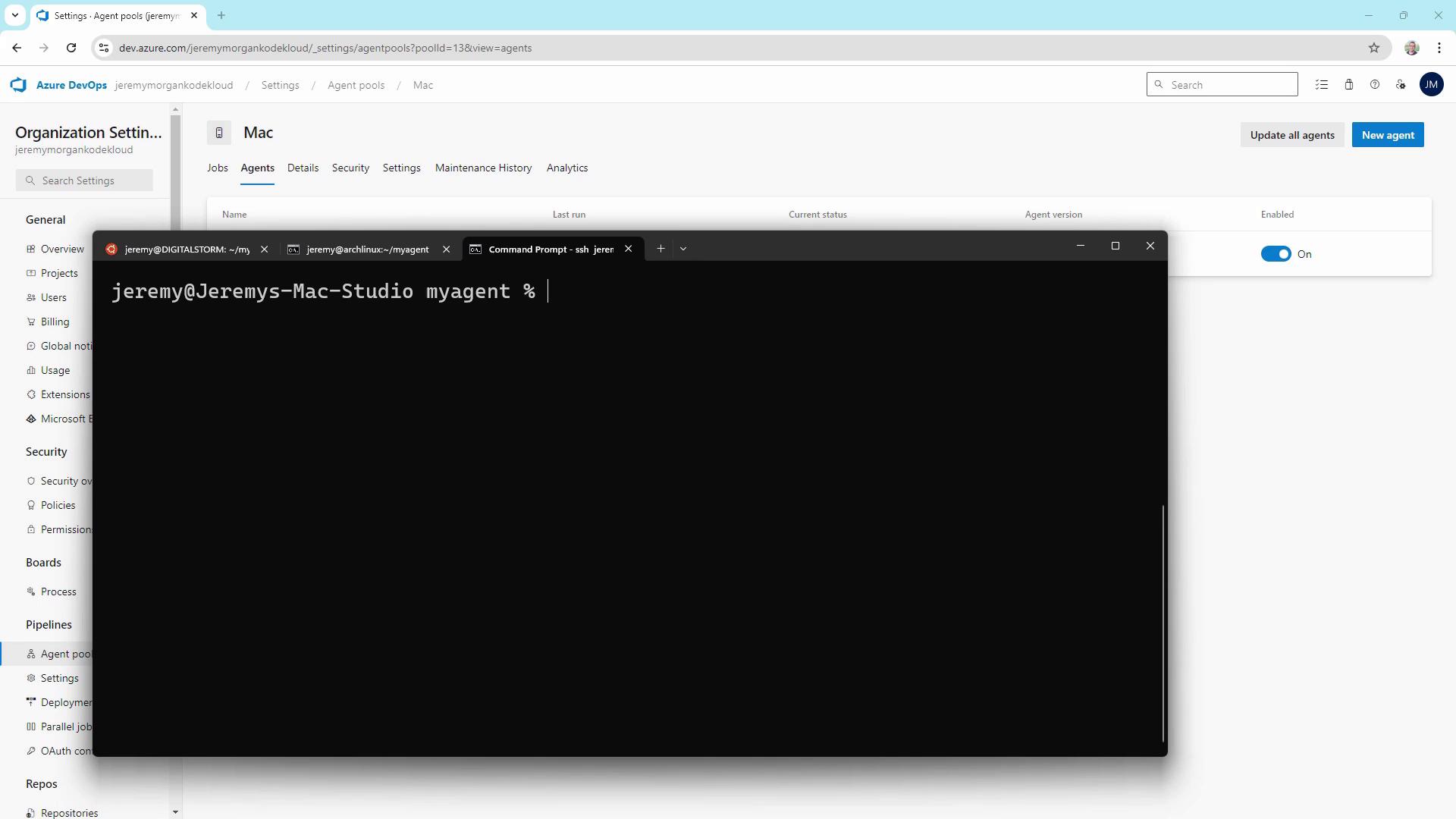 The image shows a web page from Azure DevOps displaying agent pool settings, with a command prompt window open in the foreground.