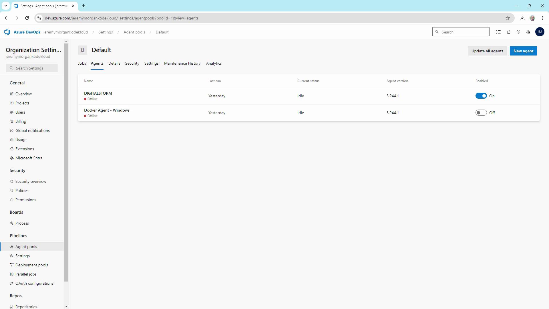 The image shows the Azure DevOps interface displaying the "Agent pools" settings, listing two agents named "DIGITALSTORM" and "Docker Agent - Windows," both of which are offline and idle.