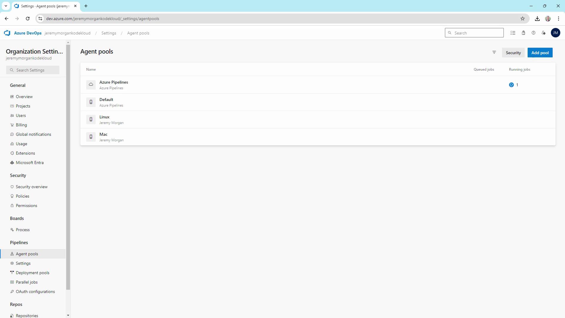 The image shows the "Agent pools" settings page in Azure DevOps, listing different agent pools such as Azure Pipelines, Default, Linux, and Mac. The sidebar displays various settings and options related to organization and pipelines.