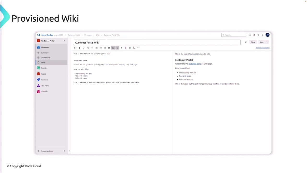 The image shows a screenshot of a "Customer Portal Wiki" page within Azure DevOps, featuring a text editor and a preview pane. The sidebar includes options like Overview, Summary, Dashboards, and more.
