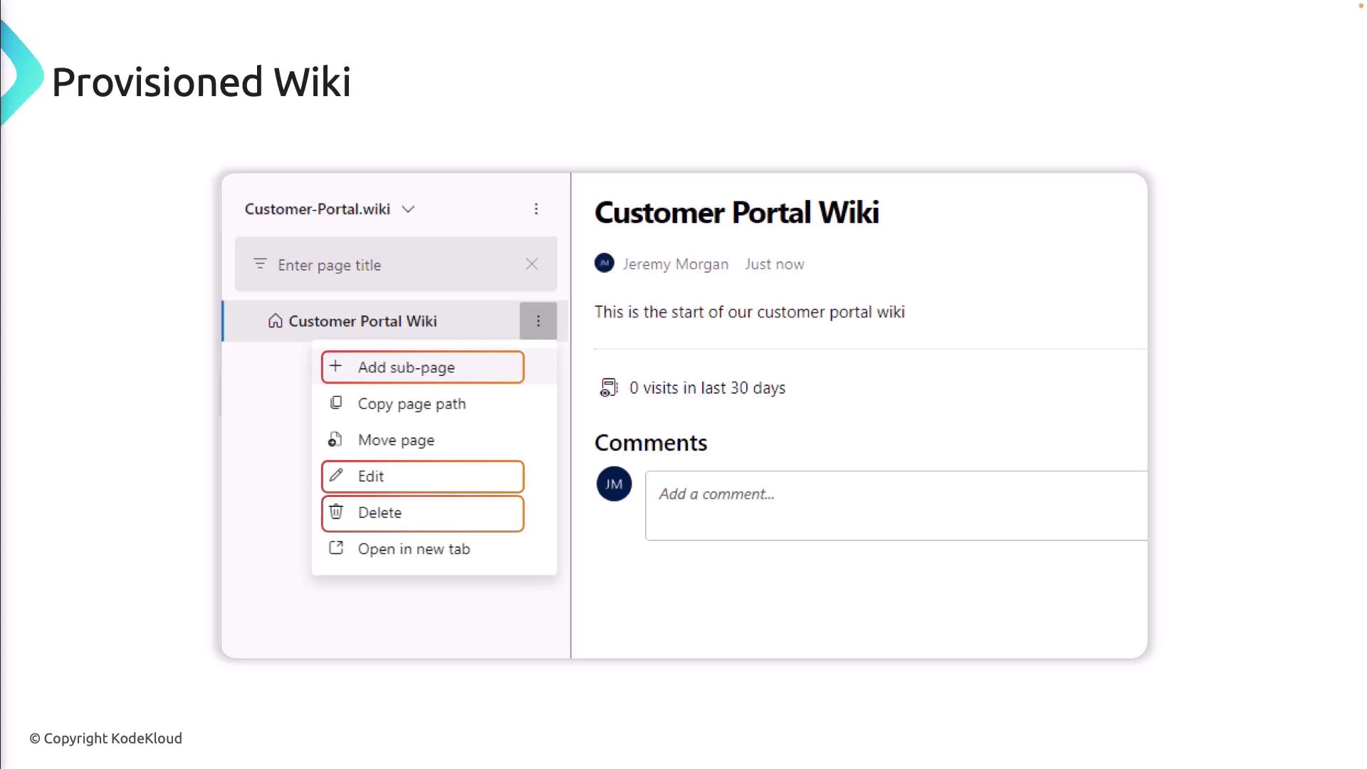 The image shows a screenshot of a "Customer Portal Wiki" interface with options to add, edit, or delete pages, and a section for comments.