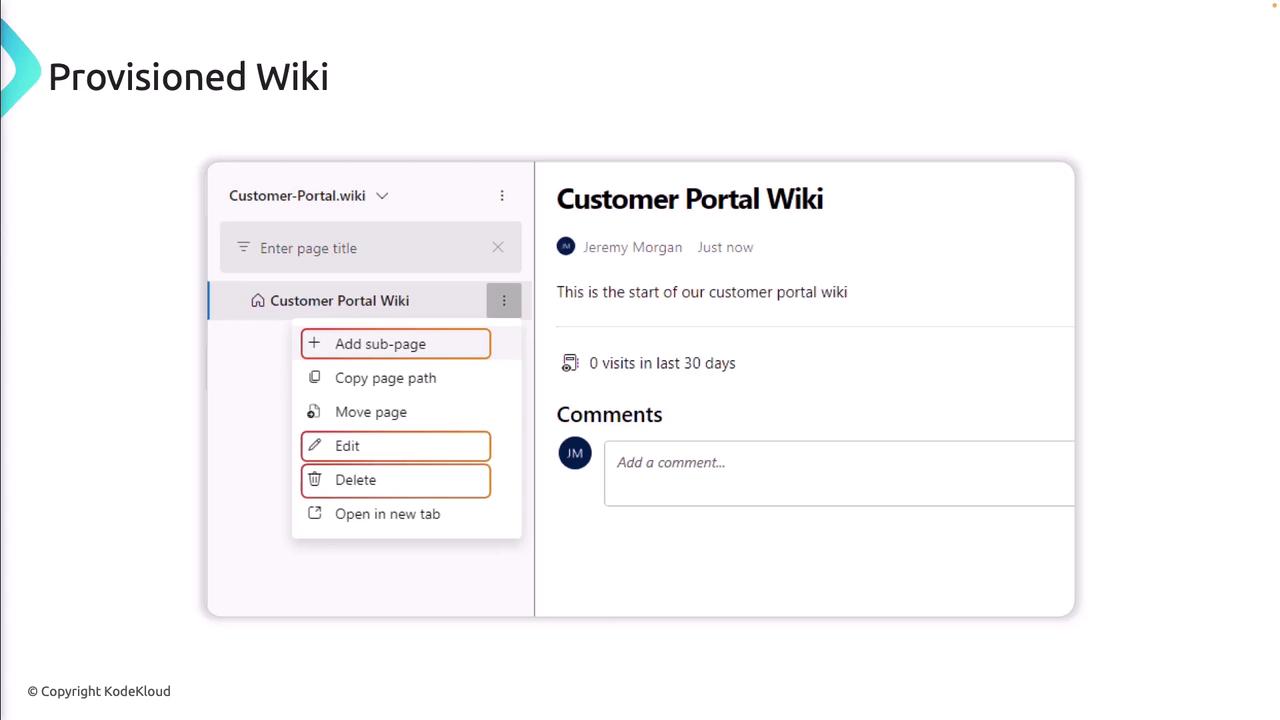The image shows a screenshot of a "Customer Portal Wiki" interface with options to add a sub-page, edit, or delete, and a section for comments. It also displays a message indicating the start of the wiki and the number of visits in the last 30 days.