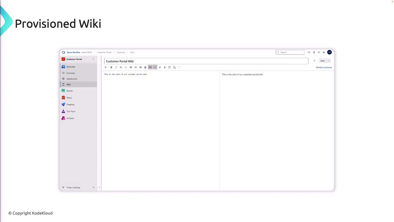 The image shows a screenshot of a "Provisioned Wiki" in Azure DevOps, displaying a text editor with a sidebar menu. The text in the editor reads, "This is the start of our customer portal wiki."
