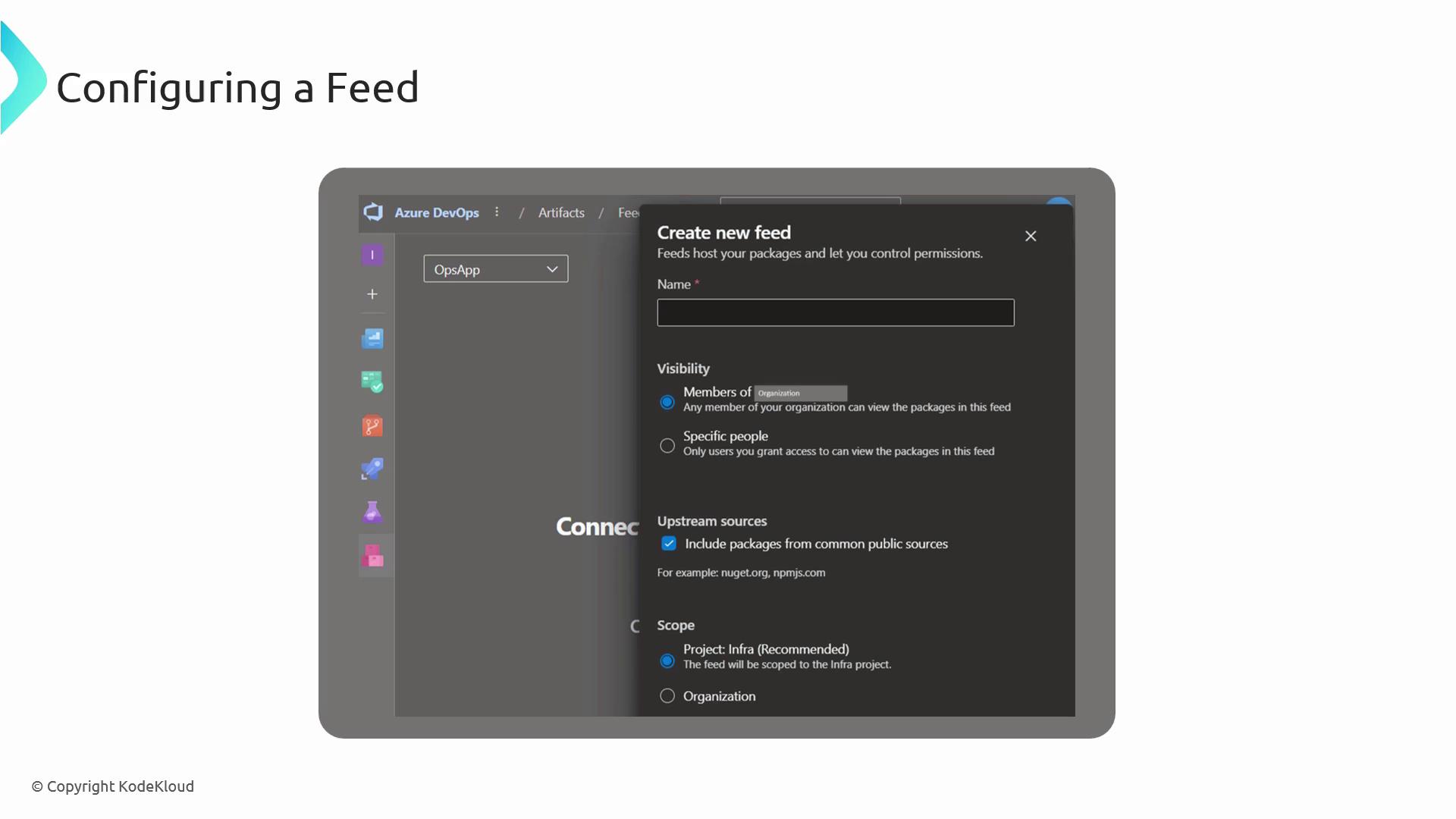 The image shows a screenshot of the Azure DevOps interface for configuring a new feed, including options for naming, visibility, upstream sources, and scope.