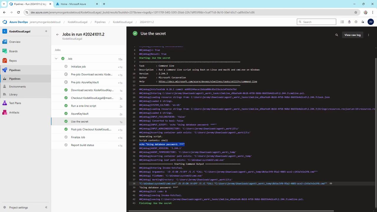The image shows an Azure DevOps pipeline interface with a list of job tasks on the left and detailed log output on the right, including script execution and secret usage.