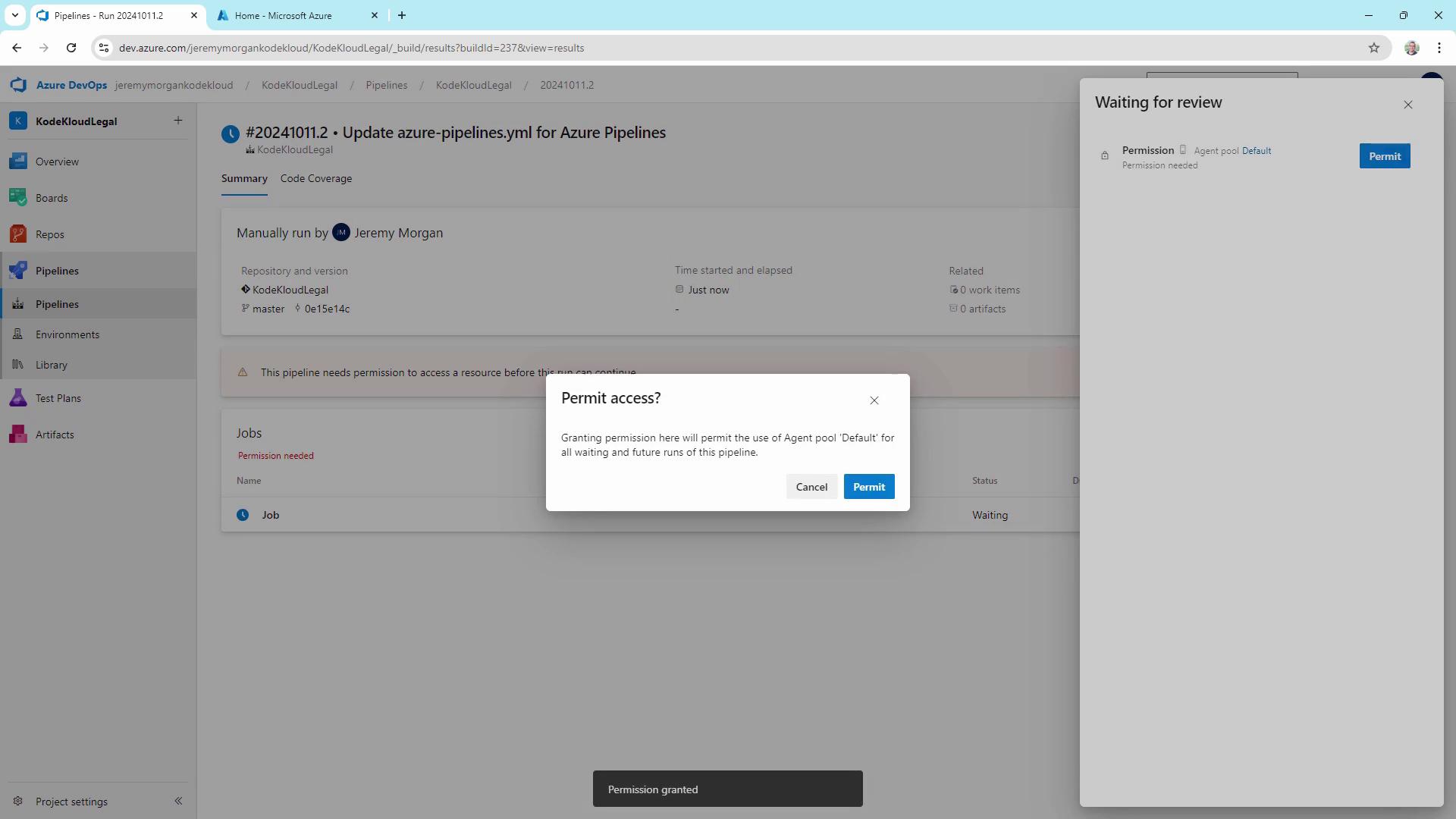 The image shows an Azure DevOps pipeline interface where a permission request is needed to access a resource, with options to permit or cancel the action.