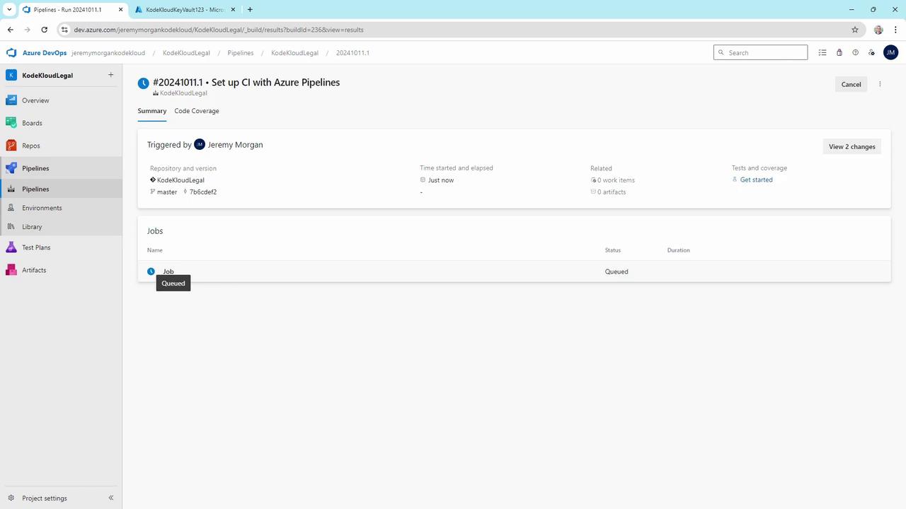 The image shows an Azure DevOps pipeline interface with a job that is currently queued. It includes details about the pipeline, such as the repository, branch, and trigger information.