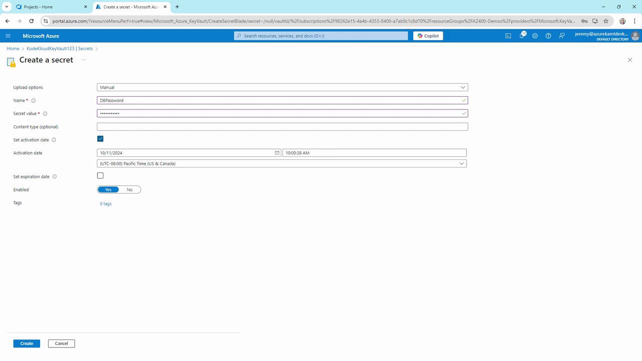 The image shows a Microsoft Azure interface for creating a secret in a key vault, with fields for name, secret value, activation date, and other options. The secret is named "DBPassword" and is set to activate on October 11, 2024.