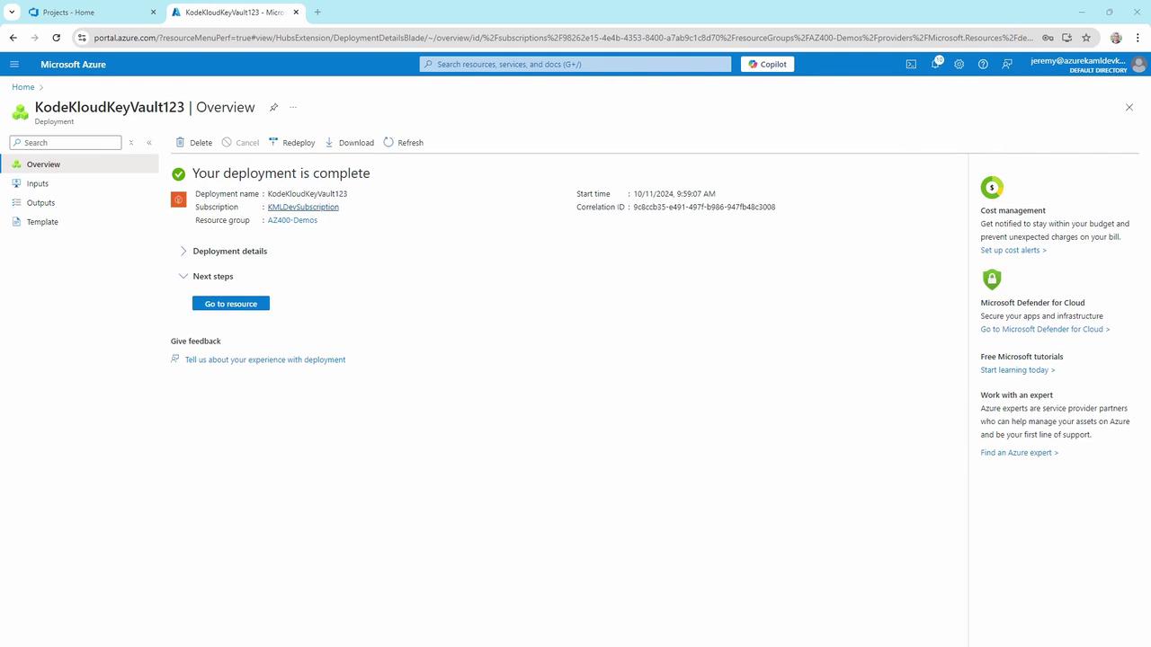 The image shows a Microsoft Azure portal page indicating that a deployment named "KodeKloudKeyVault123" is complete. It includes details like subscription, resource group, and options for further actions.