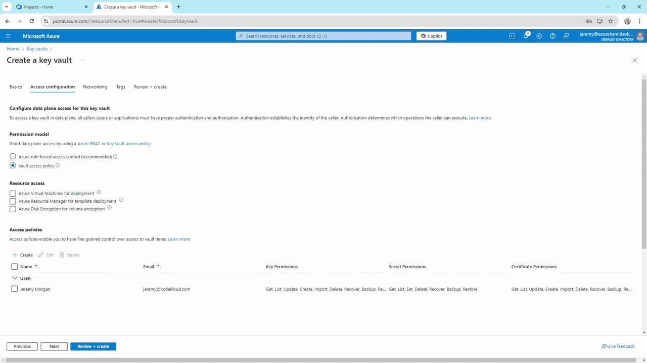 The image shows a Microsoft Azure portal page for creating a key vault, specifically the "Access configuration" section, where users can set permission models and access policies.