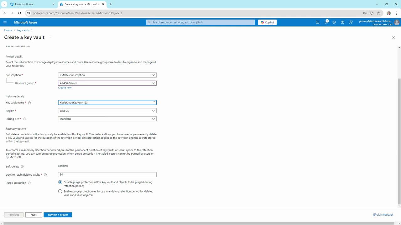The image shows a Microsoft Azure portal page for creating a key vault, with fields for subscription, resource group, key vault name, region, and pricing tier, along with recovery options.