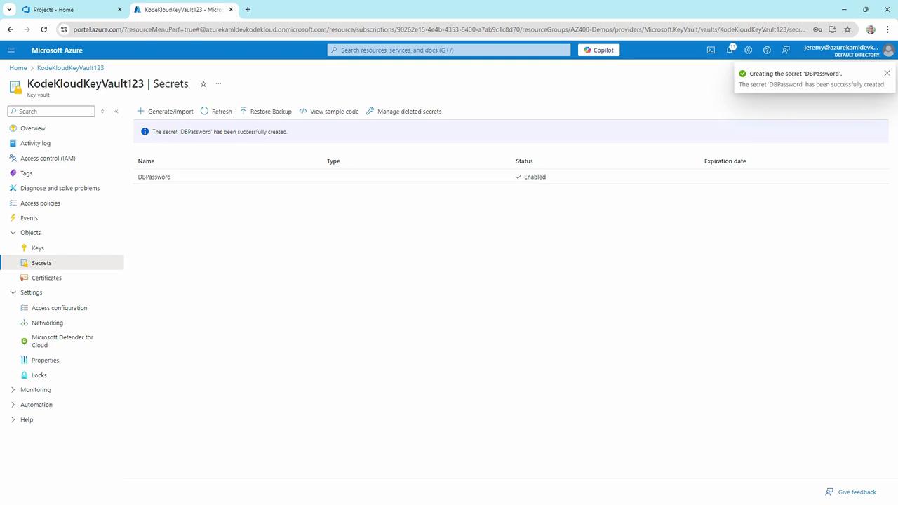 The image shows a Microsoft Azure portal interface displaying a key vault named "KodeKloudKeyVault123" with a secret called "DBPassword" that has been successfully created and is enabled.
