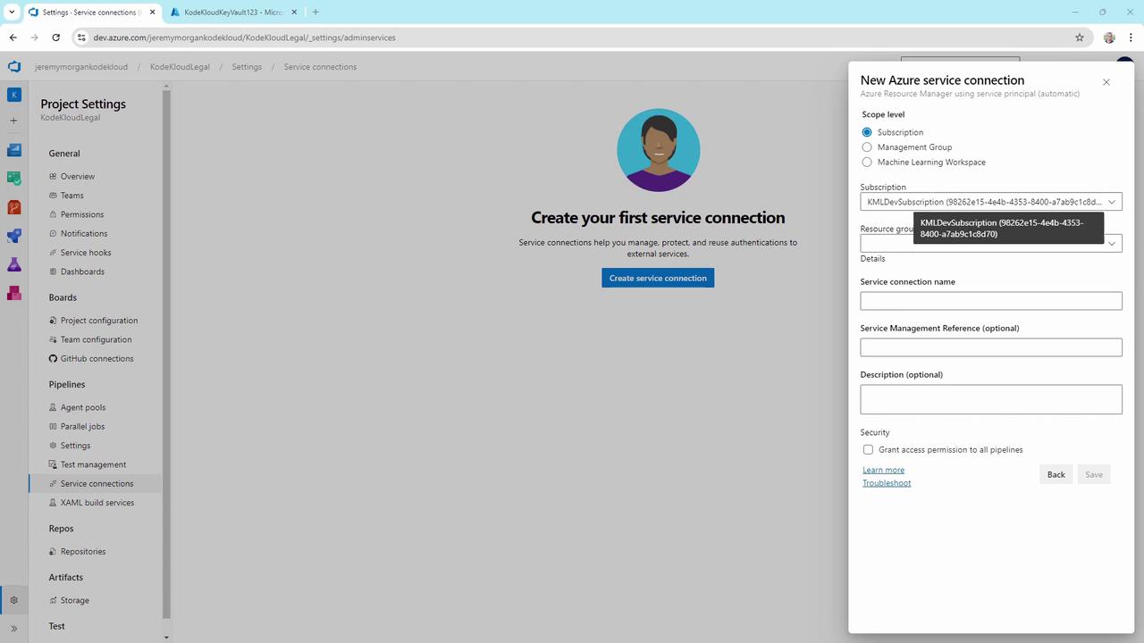 The image shows a web interface for creating a new Azure service connection, with options to select the scope level and enter details like the service connection name. The left sidebar displays various project settings and options.