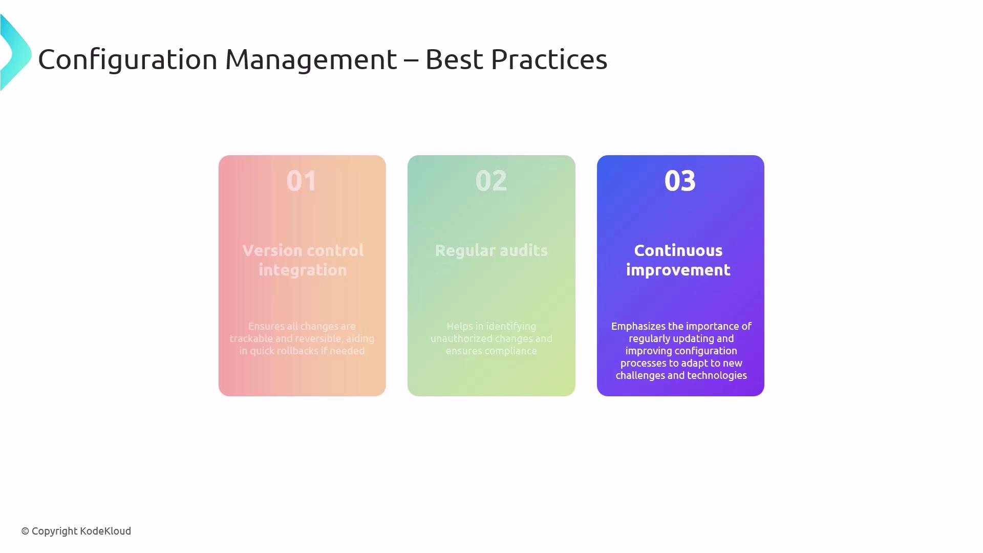 The image outlines best practices for configuration management, highlighting version control integration, regular audits, and continuous improvement.