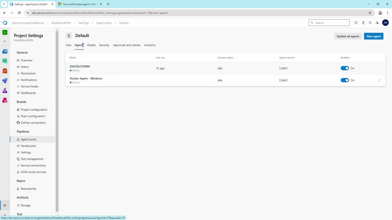 The image shows a web interface for Azure DevOps, displaying the "Agent pools" settings with two agents listed as online and idle. The sidebar includes various project settings and pipeline options.