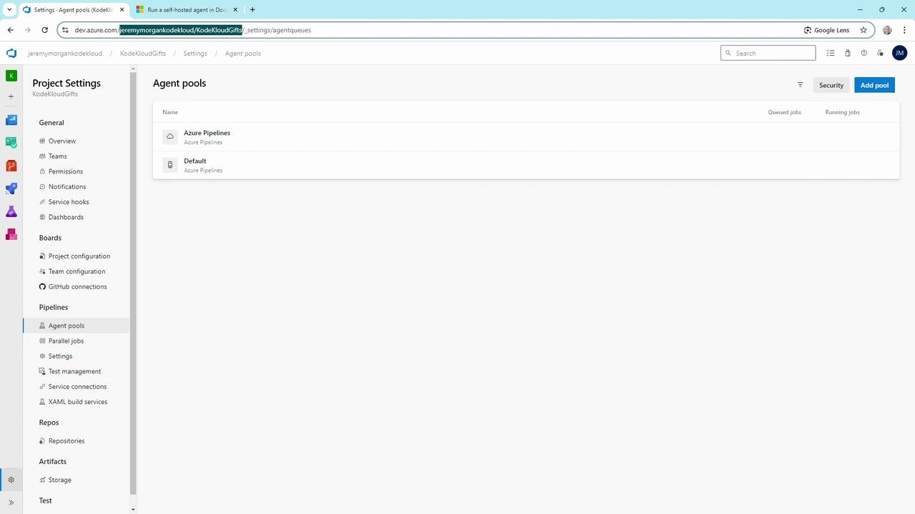 The image shows a web interface for Azure DevOps, specifically the "Agent pools" settings page, listing available agent pools such as "Azure Pipelines" and "Default."