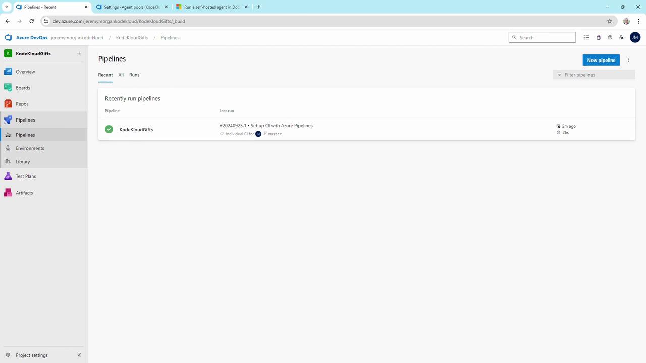 The image shows an Azure DevOps Pipelines dashboard with a recently run pipeline named "KodeKloudGifts." The pipeline has a successful status and was run 2 minutes ago.