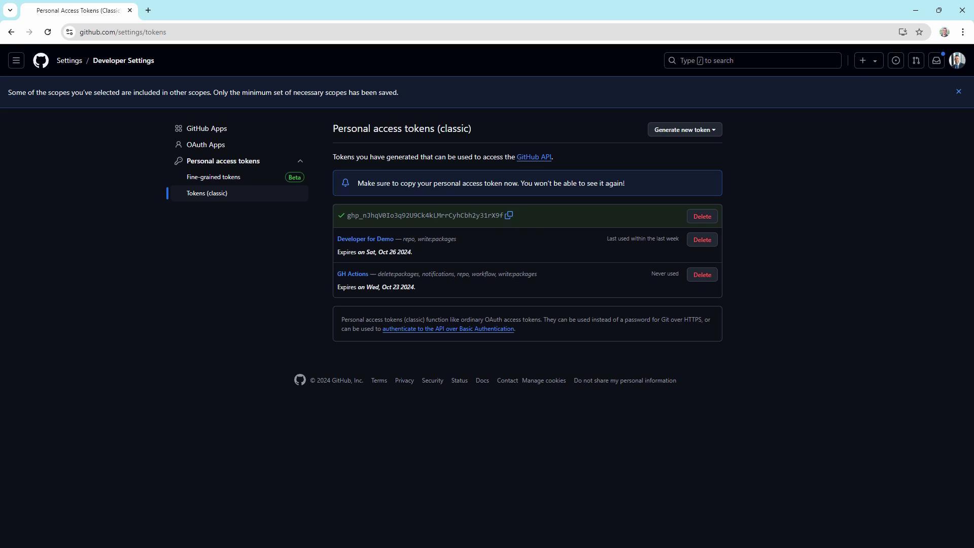 The image shows a GitHub Developer Settings page displaying personal access tokens, including details about their usage and expiration dates.