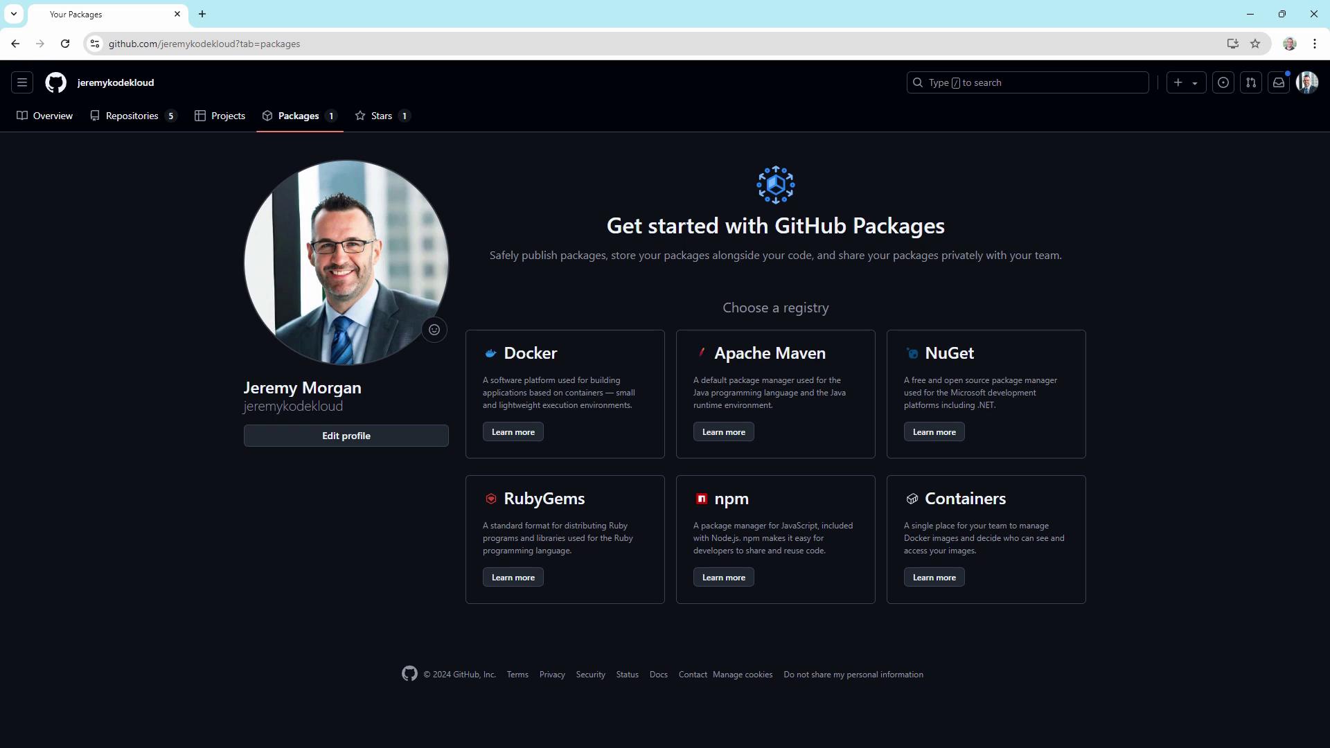 The image shows a GitHub Packages page with options to choose a registry like Docker, Apache Maven, and others. It features a profile section with a user photo and name.